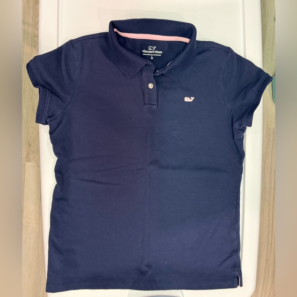 Vineyard Vines Girls Navy Polo Shirt Pink Whale Logo Size L